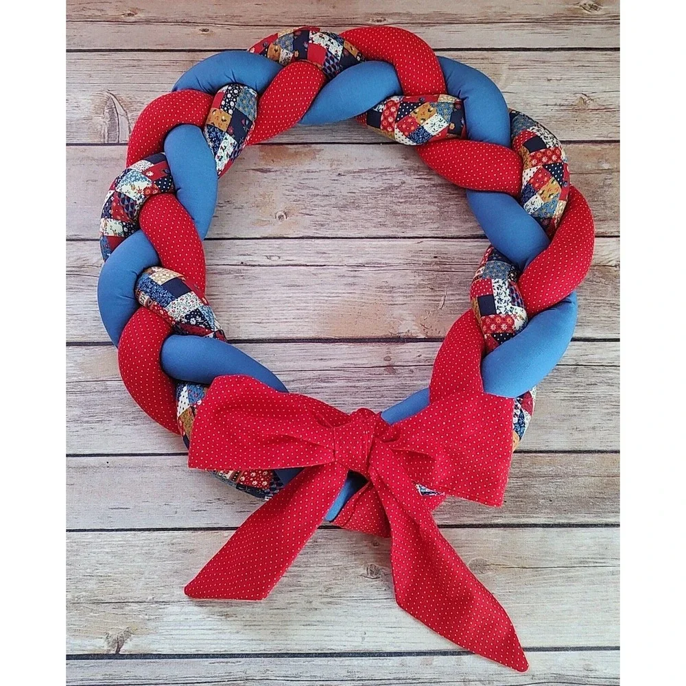 Vintage braided wreath country Primitive fabric hand crafted bow red Blue A14